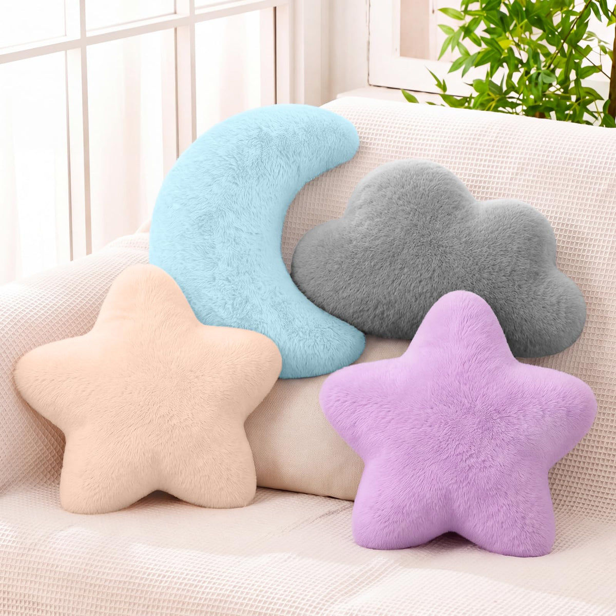 Junkin 4 Pcs Plush Cloud Star Moon Throw Pillow Set, Multicolored