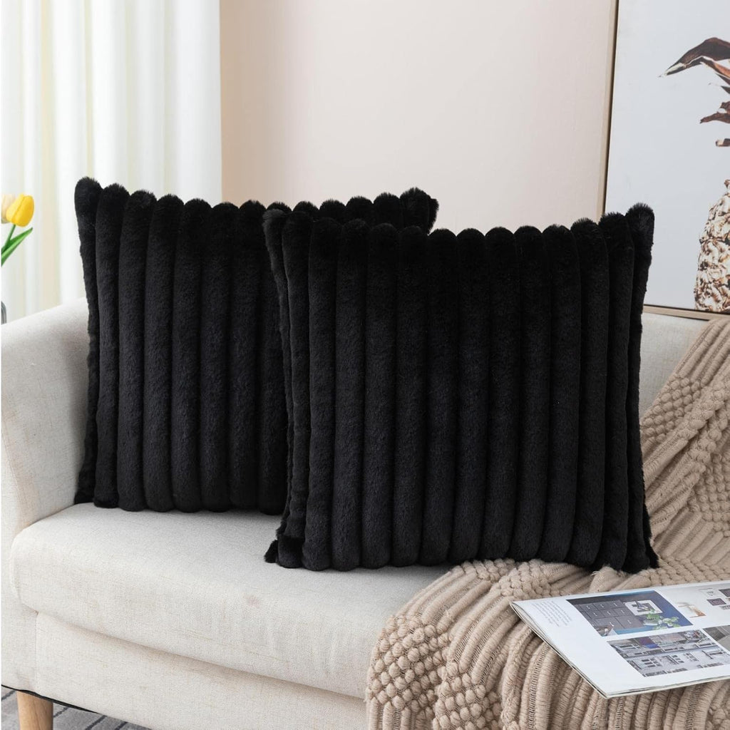 ZLINA Faux Fur Decorative Throw Pillow Covers 22 x 22 Inch,Black