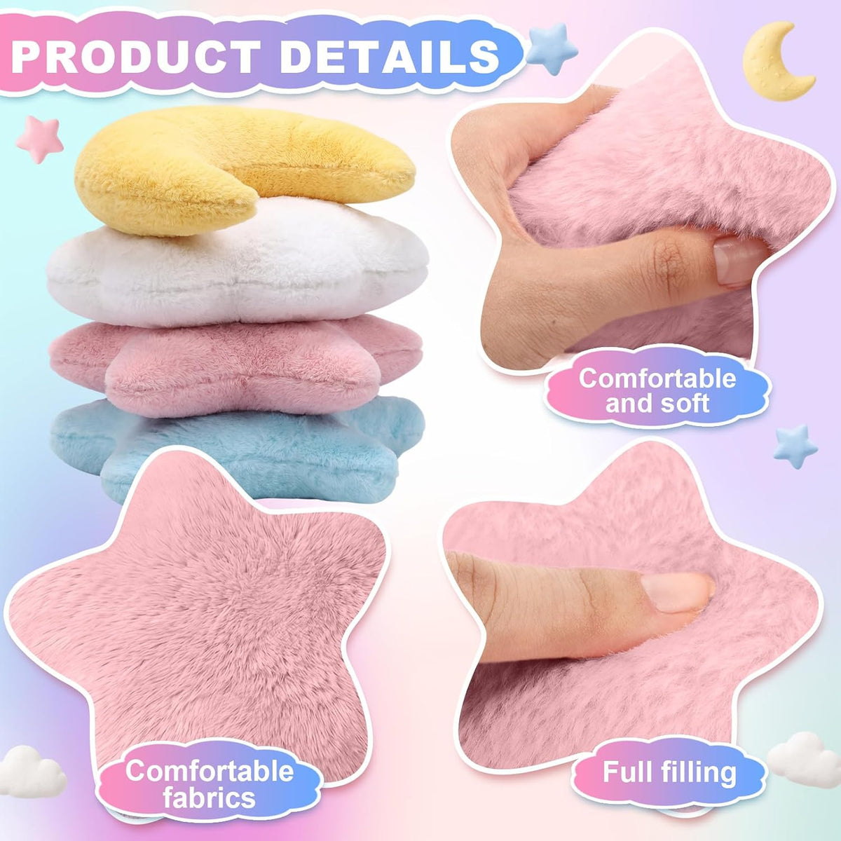 Junkin 4 Pcs Plush Cloud Star Moon Throw Pillow Set, Multicolored