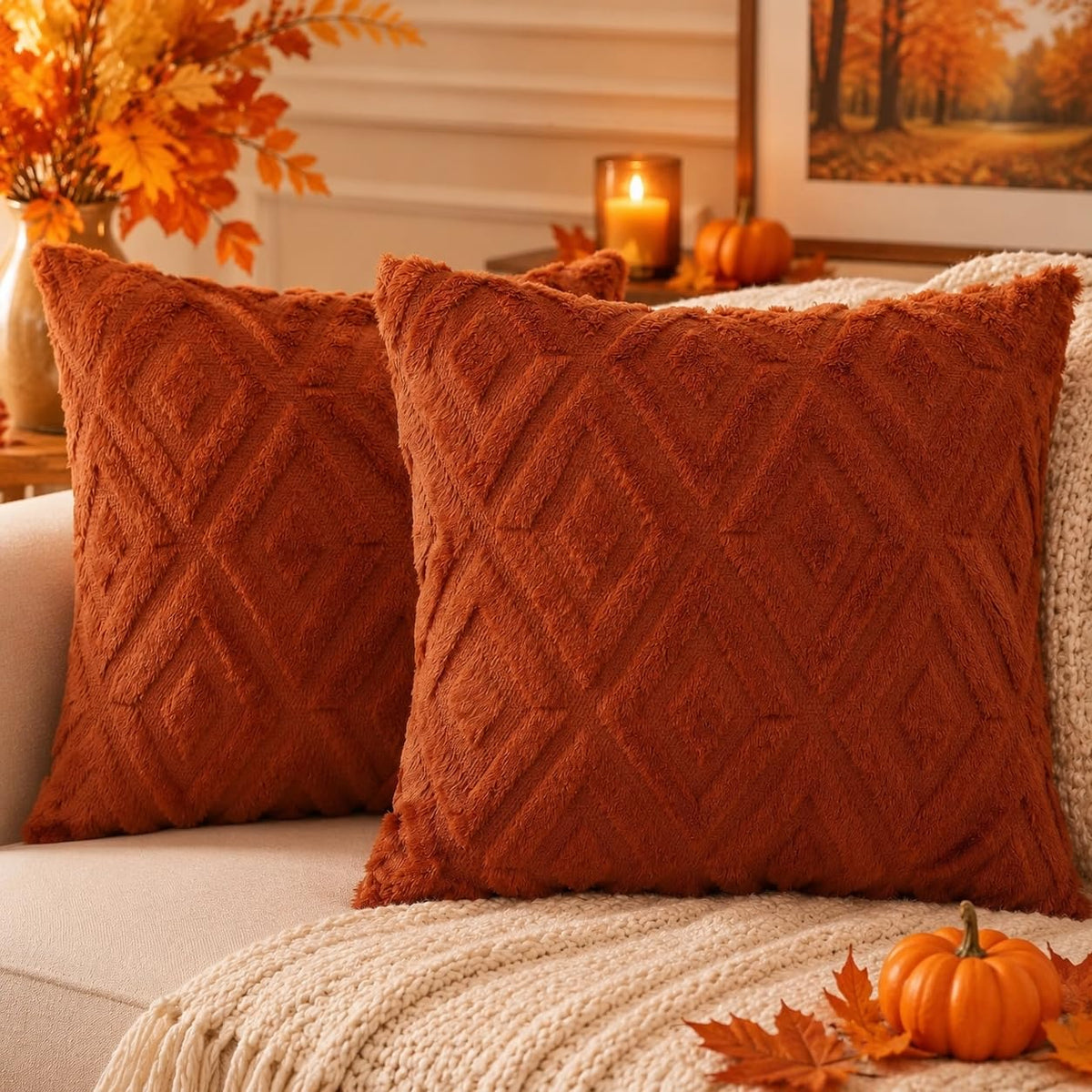 Pallene Fall Cream White Faux Fur Throw Pillow Covers 18x18 Set of 2