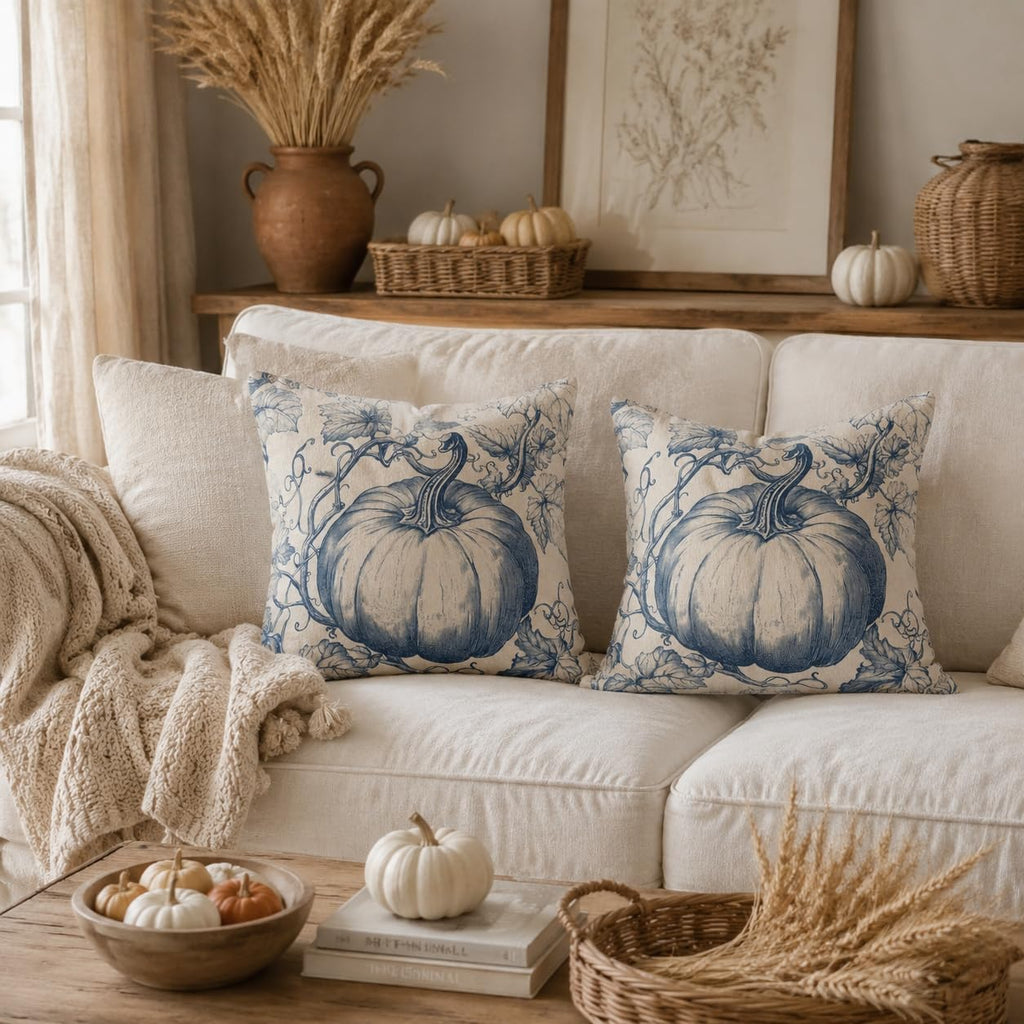 GEEORY Fall Pumpkin Throw Pillow Covers Set of 2, Navy Blue Toile 18x18