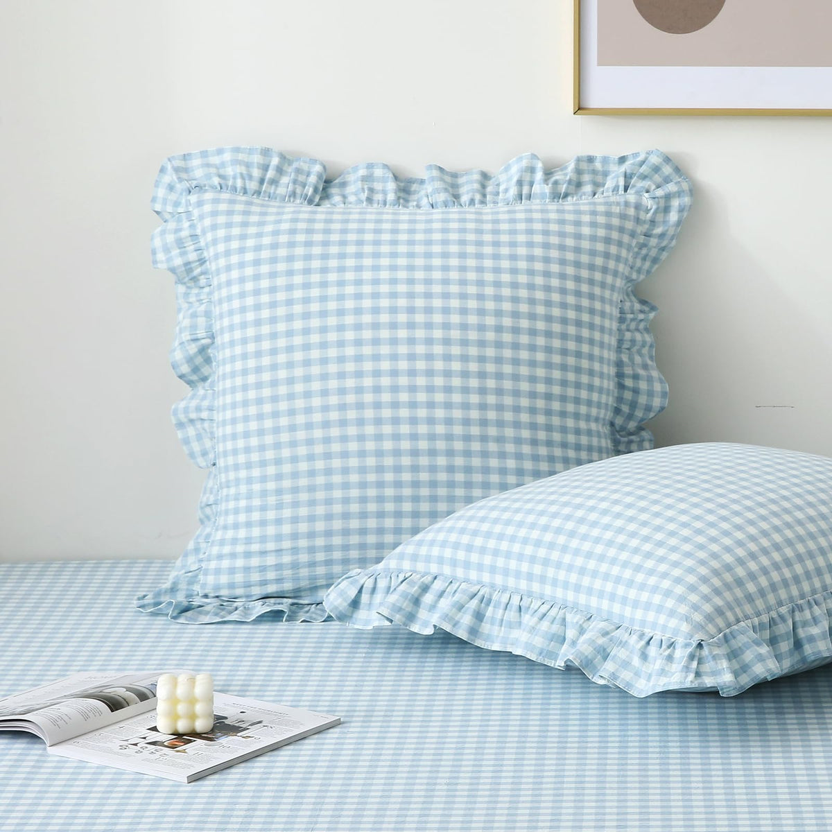 2 Pack Taupe White Gingham Ruffle Throw Pillow Covers 18''x18''