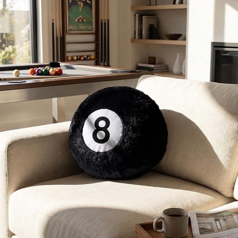 Black 8 Ball Pillow,14 inch 8 Ball Throw Pillow Soft Faux Fur Round Decorative Cushion Hugging Pillow for Home Bed, Sofa, Couch, Bedroom & Living Room
