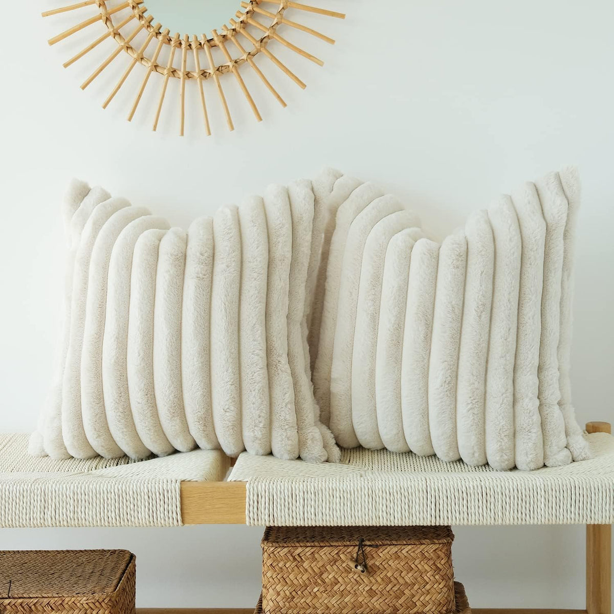 JOJUSIS Faux Fur Plush Throw Pillow Covers, Beige, 24 x 24-Inch