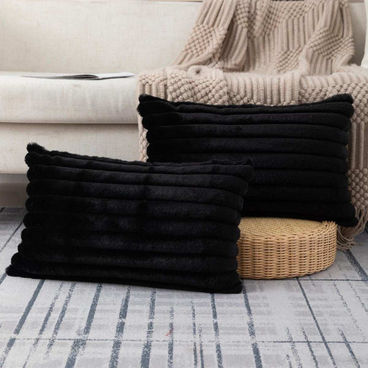 ZLINA Faux Fur Decorative Throw Pillow Covers 22 x 22 Inch,Black