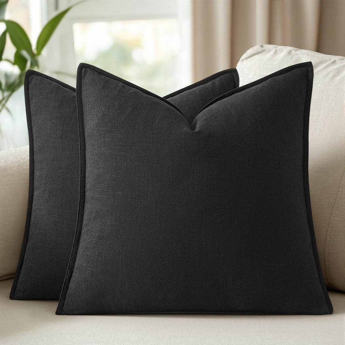 Set of 2 Linen Solid Throw Pillow Covers 20x20 Inch Dark Olive Green