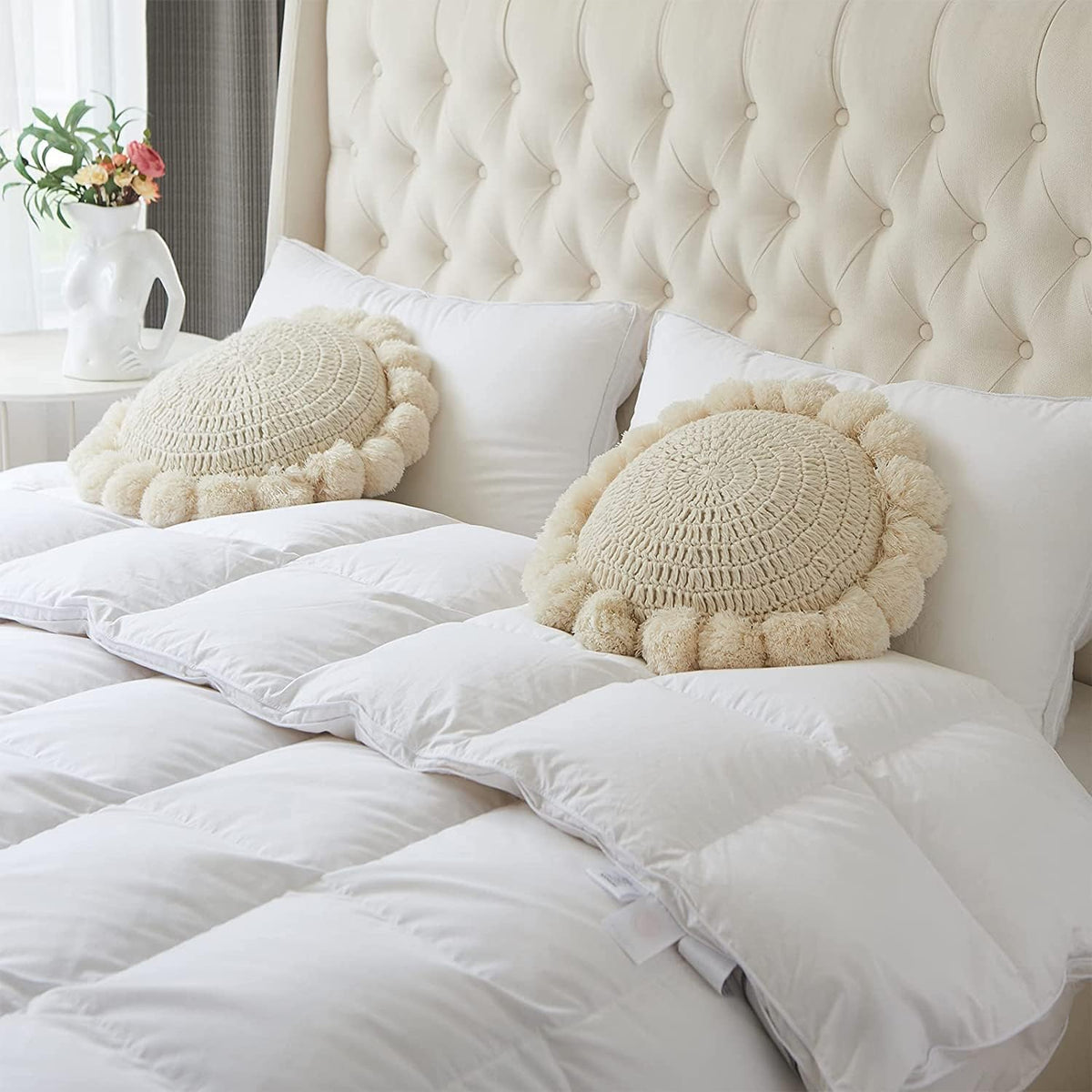 Boho Round Throw Pillow with Cute Handmade Pom Poms Tassels 18 Inch, Decorative Circular Knitted Crochet Cushion for Couch, Sofa, Chair, Bed, Beige
