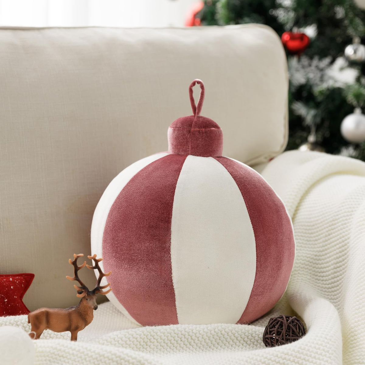Ashler Merry Christmas Bell-Shaped Pillow, 8.5x8.5 Inch Velvet Hangable Decorative Holiday Pillow for Xmas Tree, Couch, Living Room, Bed, Pink