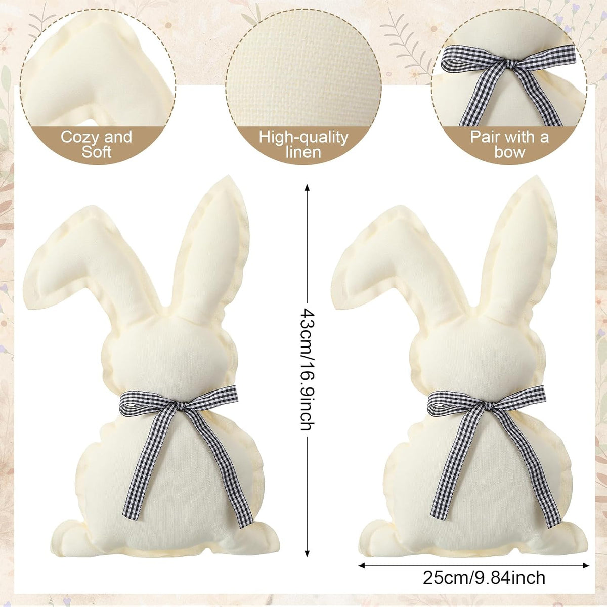 Gilprop 2 Pcs Easter Bunny Throw Pillows Cute Rabbit Shaped Cotton-Linen Decorative Pillows with Plaid Bow Tie Farmhouse Easter Home Decor for Bedroom Sofa Couch Birthday Gift Ideas (16.9x9.8 Inches)