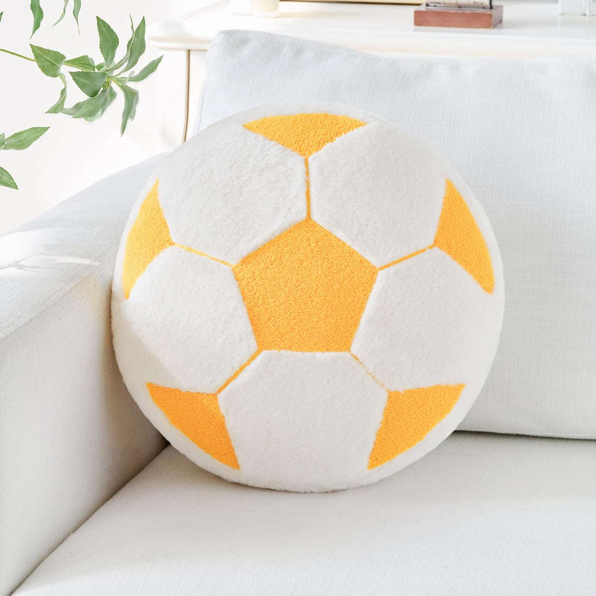 Soccer Pillow,12" Soccer Shaped Pillow Floor Cushion Seating Cushion with Faux Rabbit Fur,Round Soccer Throw Pillow Room Décor for Sofa Couch Living Room (Red)