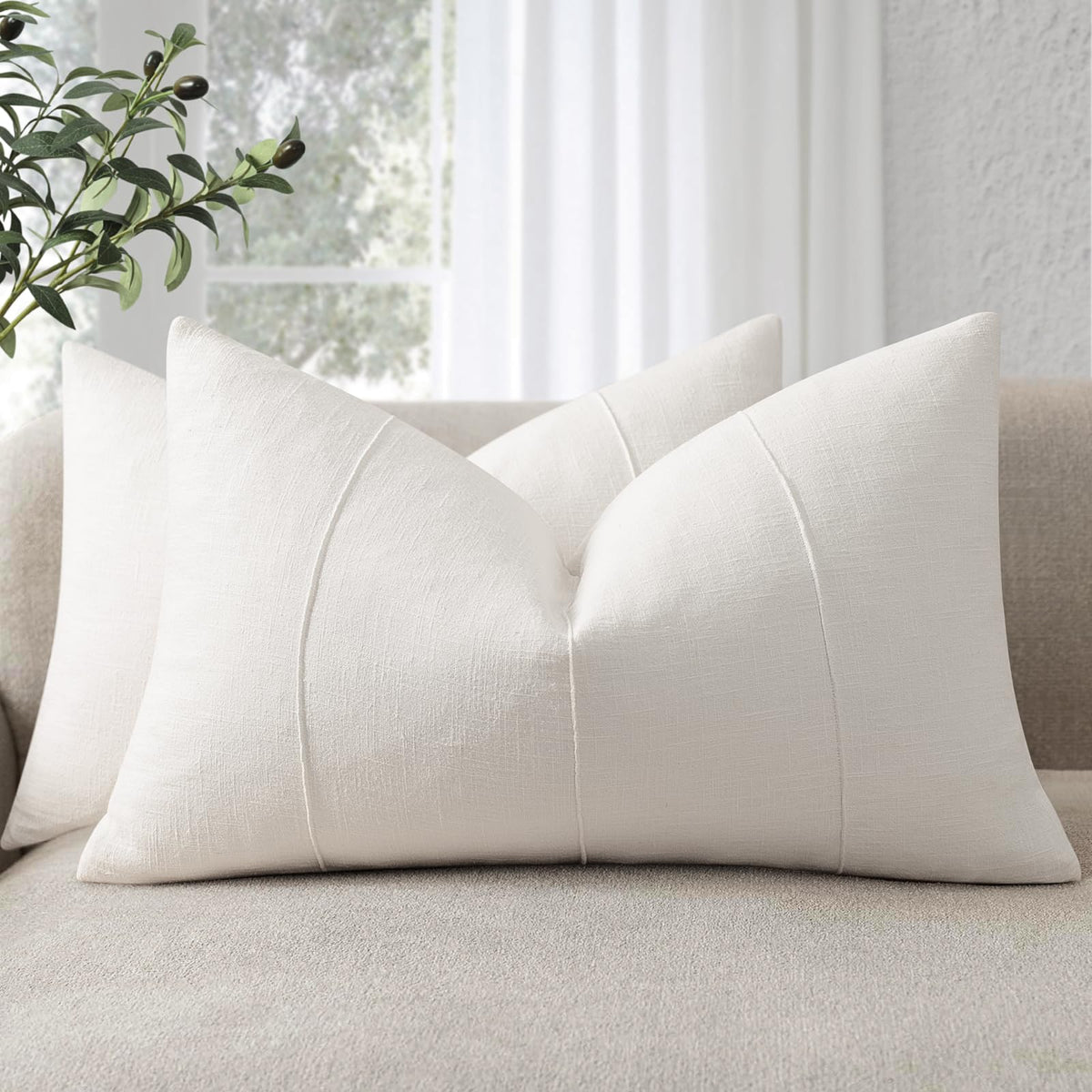 Decorative Linen Throw Pillow Covers 18x18 Set of 2 Solid handcrafted Striped Cushion Covers for Bed Soft Modern Farmhouse Neutral Pillowcase for Couch Bedroom Living Room Home Decor(Cream White)