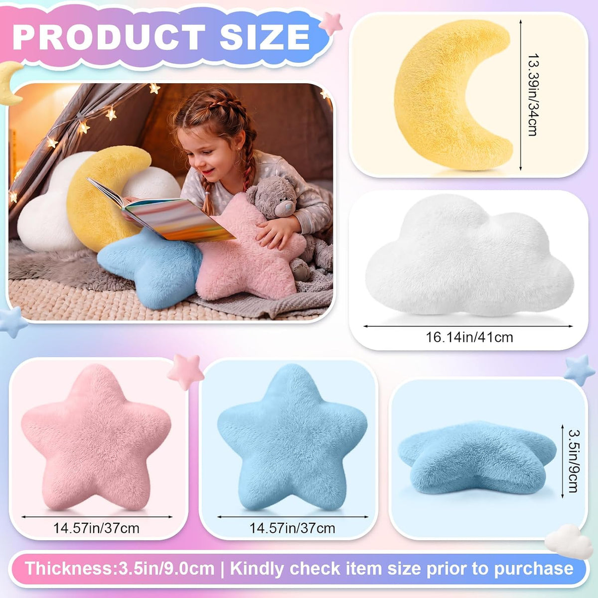 Junkin 4 Pcs Plush Cloud Star Moon Throw Pillow Set, Multicolored