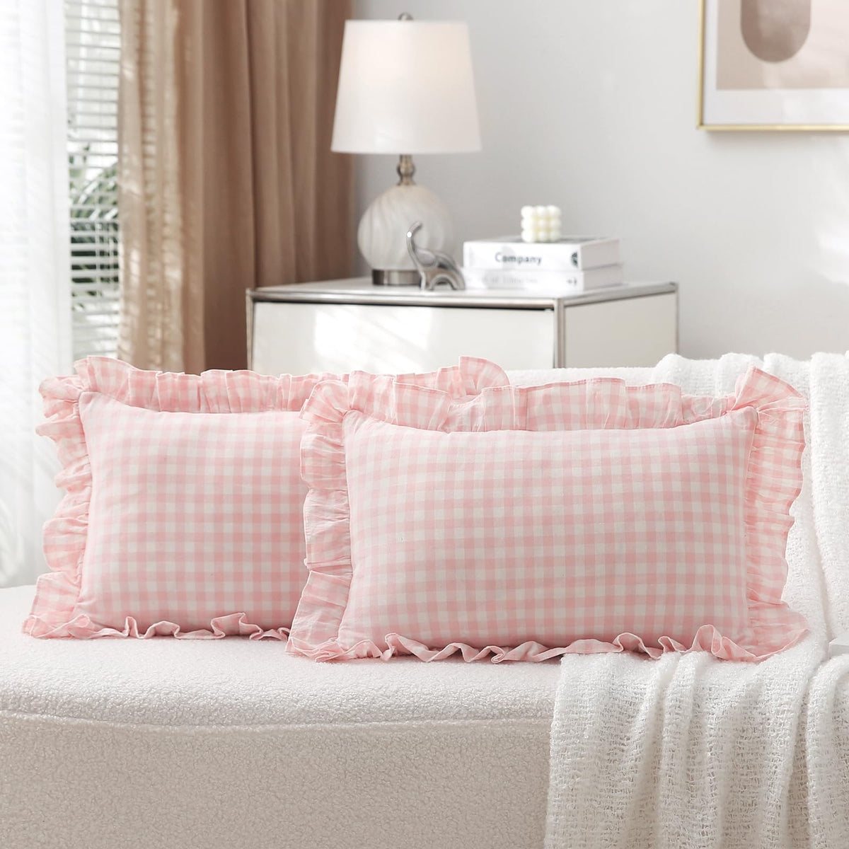 2 Pack Taupe White Gingham Ruffle Throw Pillow Covers 18''x18''