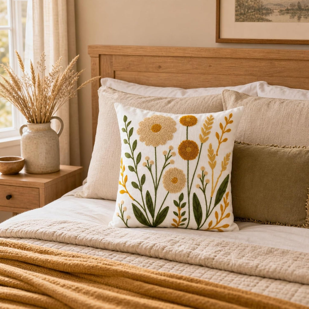 Embroidered Floral Throw Pillow Cover, 18x18 Inch Decorative Pillowcase