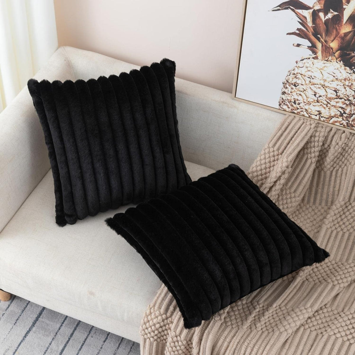 ZLINA Faux Fur Decorative Throw Pillow Covers 22 x 22 Inch,Black
