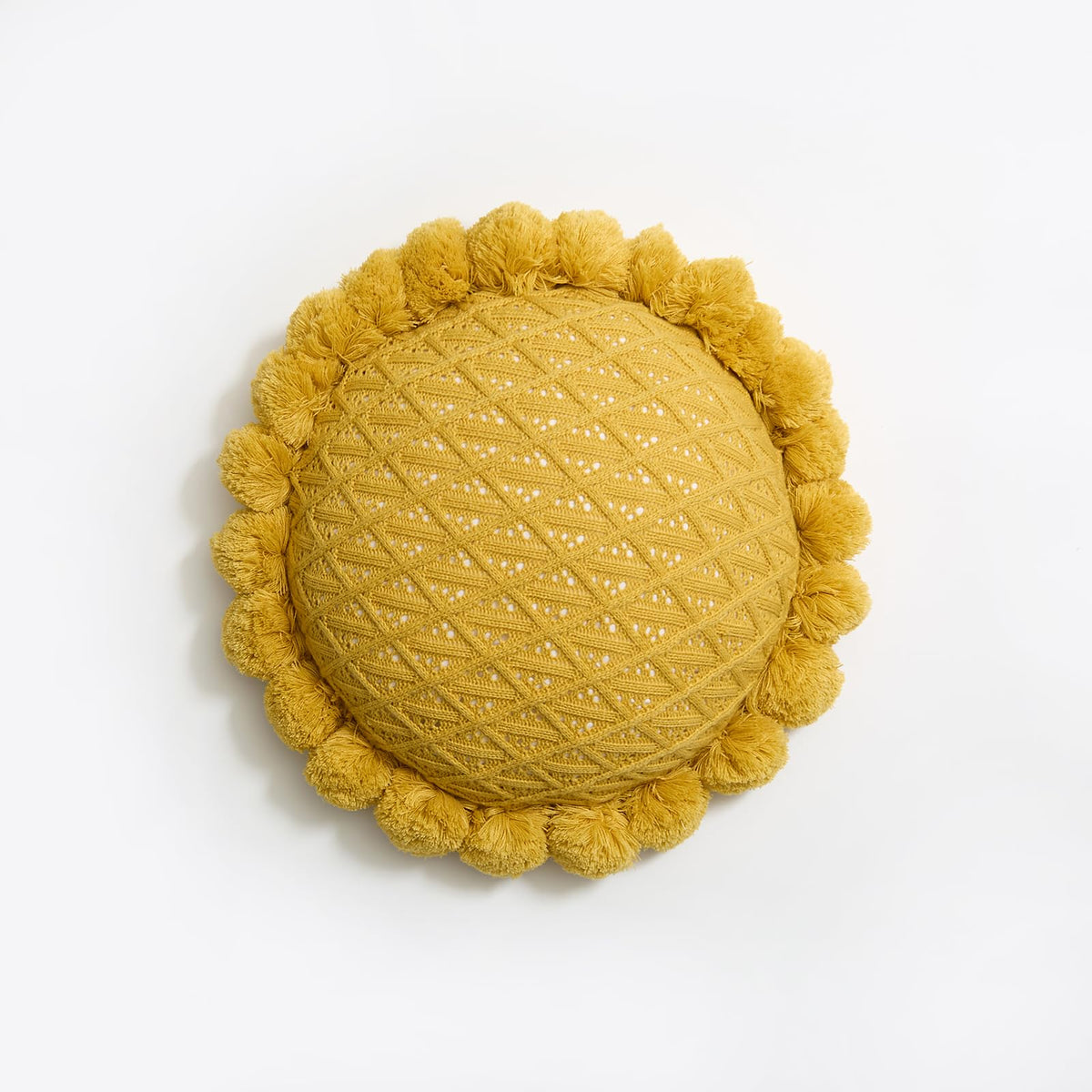 Boho Round Throw Pillow with Cute Handmade Pom Poms Tassels 18 Inch, Decorative Circular Knitted Crochet Cushion for Couch, Sofa, Chair, Bed, Beige