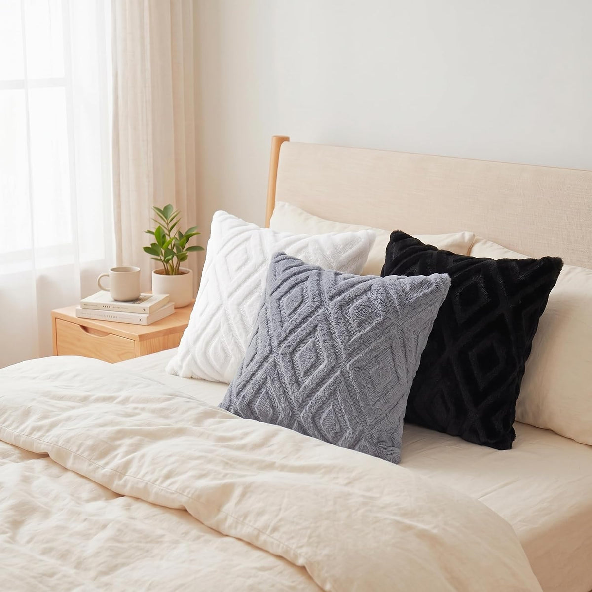 Pallene Fall Cream White Faux Fur Throw Pillow Covers 18x18 Set of 2