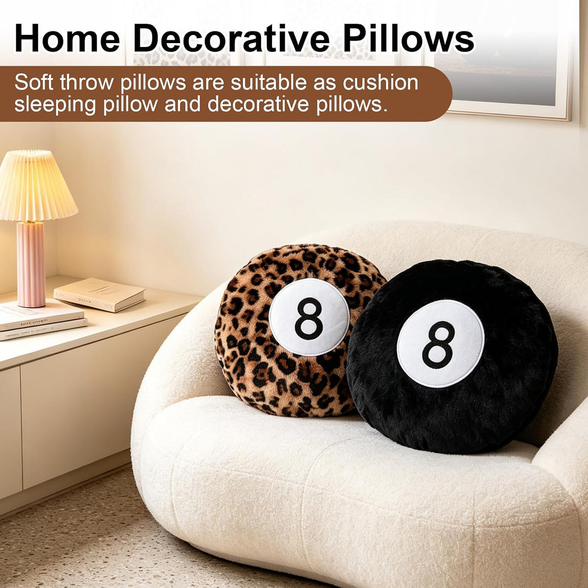 2 Packs Black and Cheetah 8 Ball Throw Pillow, Round Plush Throw Pillows, Soft Plush Surface, Round Billiard Ball Shape, Black & Leopard Print, for Dorm, Gaming Room Home Decor and Daily Back Support