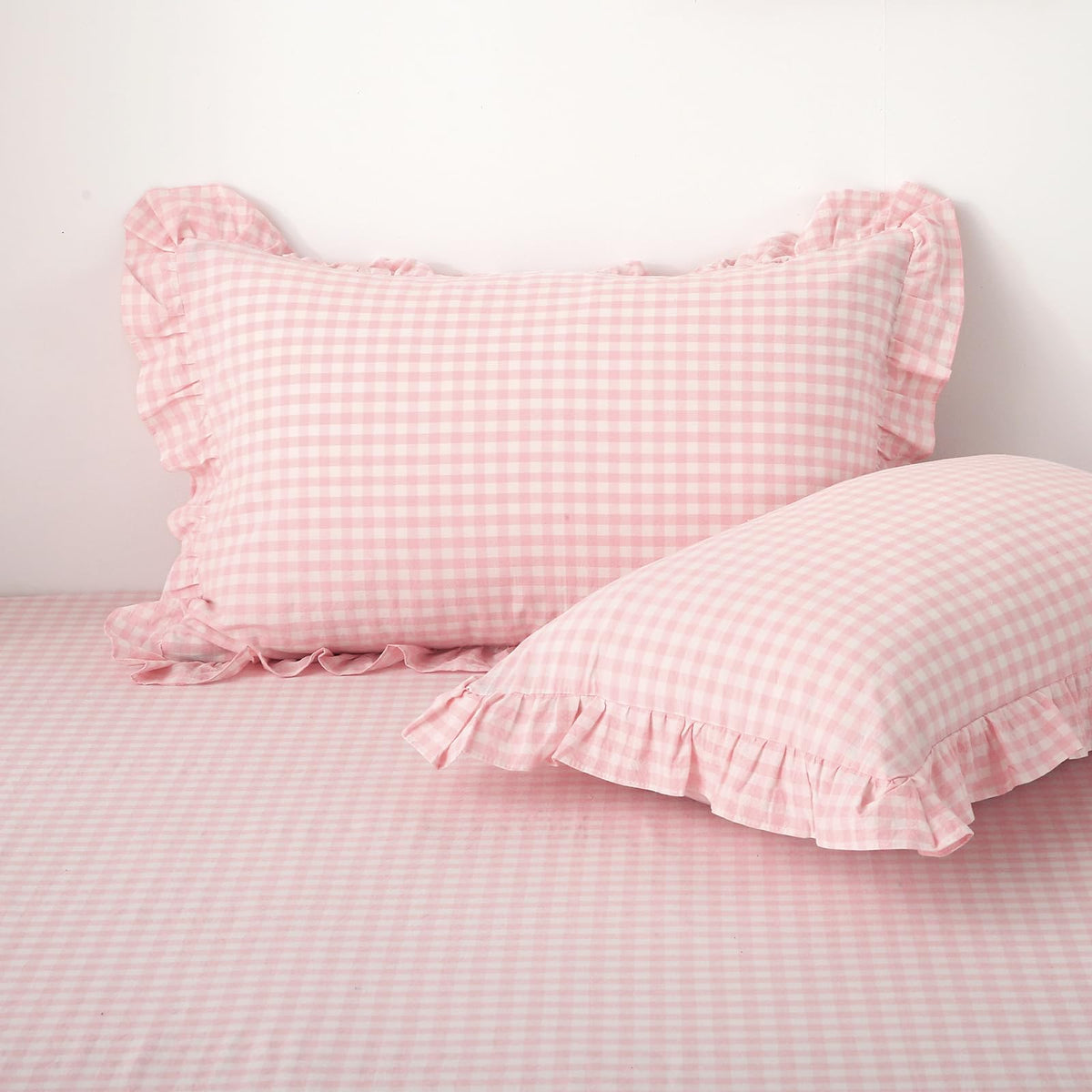 2 Pack Taupe White Gingham Ruffle Throw Pillow Covers 18''x18''