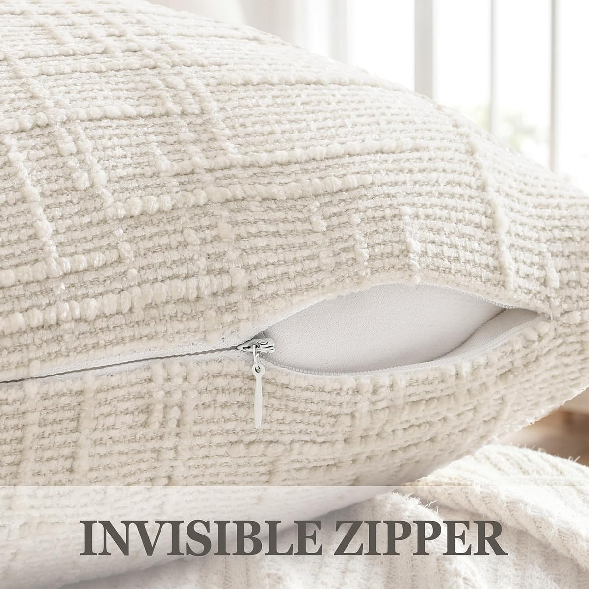 Pallene Cream White Textured Chenille Throw Pillow Covers 18x18 Set of 2