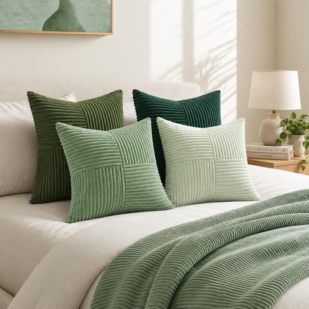 Topfinel SageGreen Throw Pillow Covers 18X18 Inch Set of 4,Boho Farmhouse Cozy Cushion Cover with Corduroy,Soft Accent Forest Green Pillow Covers for Couch,Bed,Living Room Home Decor
