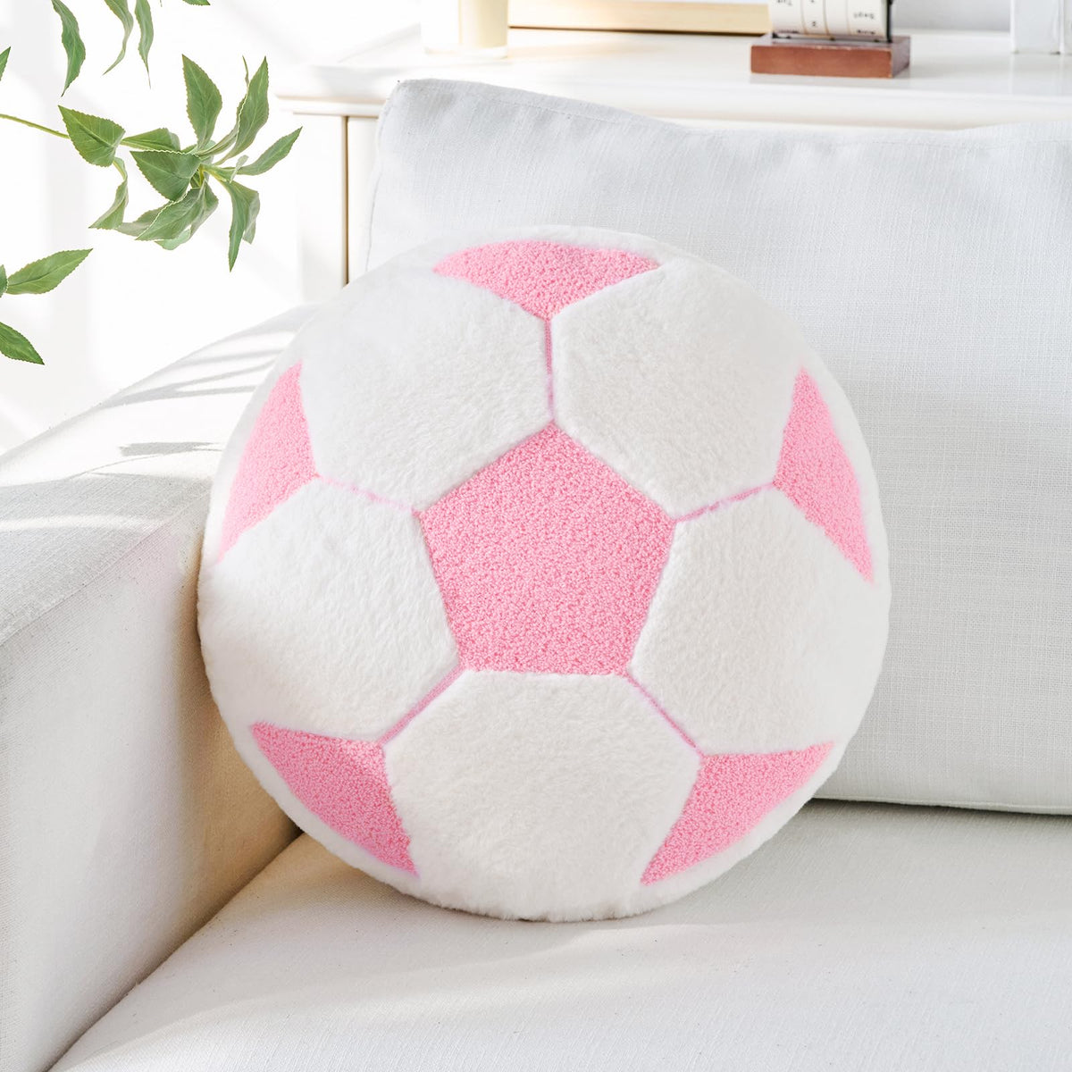 Soccer Pillow,12" Soccer Shaped Pillow Floor Cushion Seating Cushion with Faux Rabbit Fur,Round Soccer Throw Pillow Room Décor for Sofa Couch Living Room (Red)