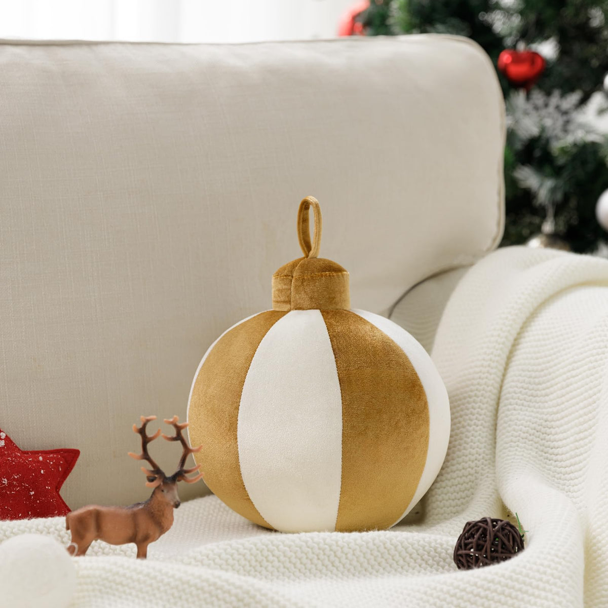 Ashler Merry Christmas Bell-Shaped Pillow, 8.5x8.5 Inch Velvet Hangable Decorative Holiday Pillow for Xmas Tree, Couch, Living Room, Bed, Pink