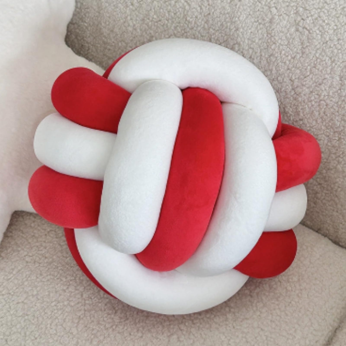 OUKEYI 8.5"/22cm Knot Ball Pillows, Round Throw Pillow Cushion Home Decoration Soft Plush Pillow, Throw Knotted Ball Pillow Handmade Children Room Decoration Round Plush Toy Pillow (White with red)