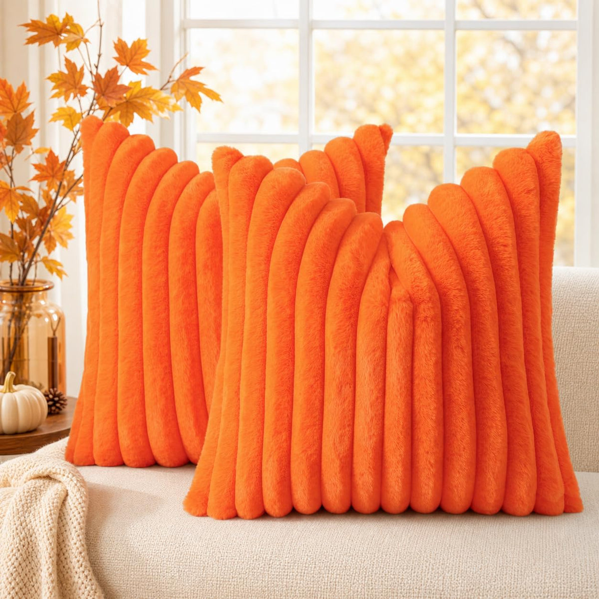 decorUhome Fall Faux Fur Throw Pillow Covers 18x18 Set of 2 Brown White