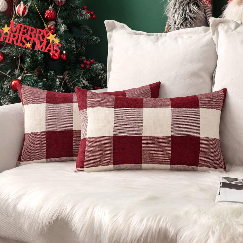 MIULEE Christmas Plaid Pillow Covers 18x18 White and Red Pack of 2