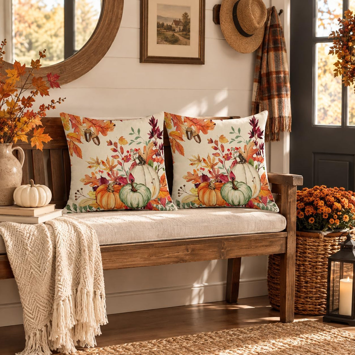 AACORS Fall Pumpkin Throw Pillow Covers 18x18, 2 Pack, Thanksgiving Decor