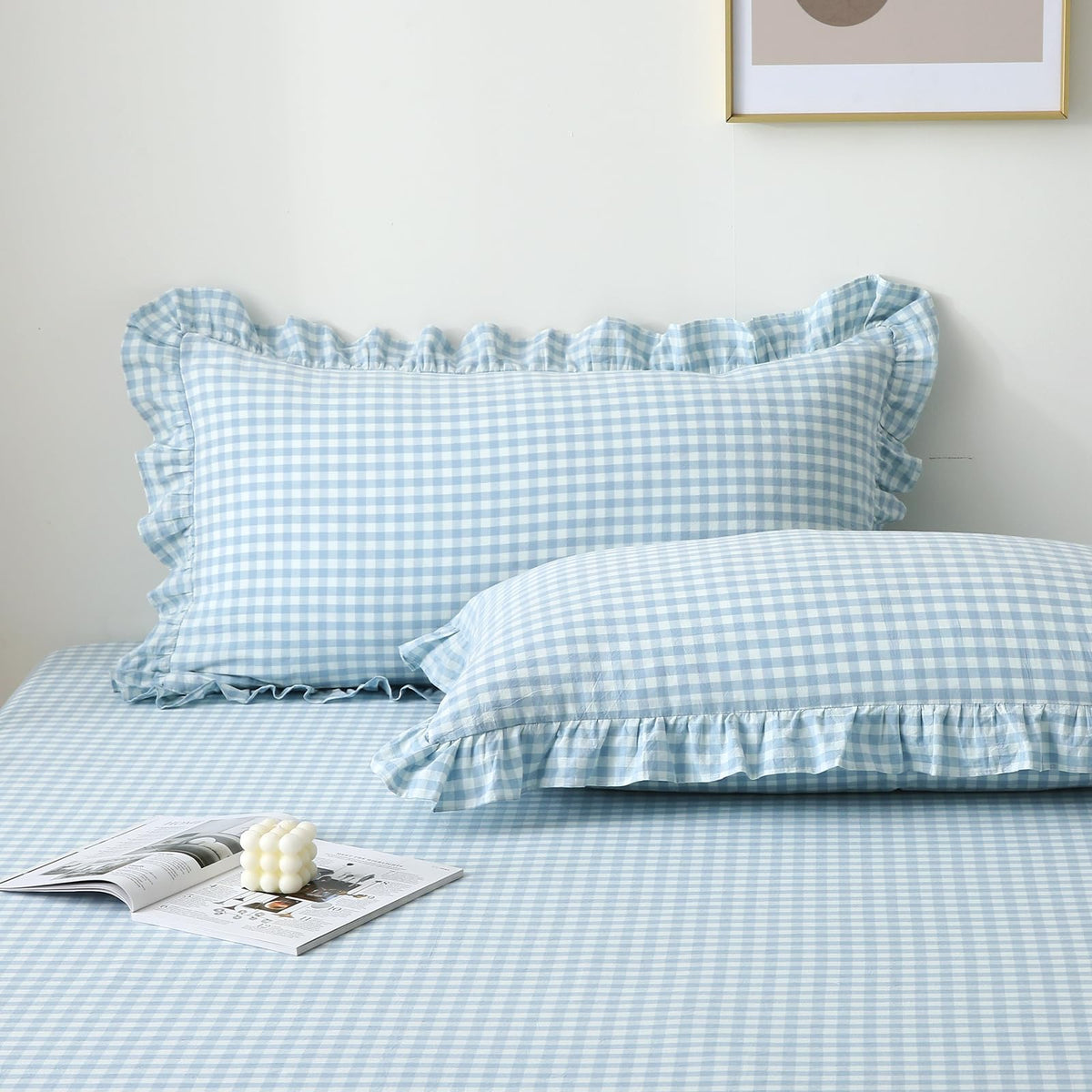 2 Pack Taupe White Gingham Ruffle Throw Pillow Covers 18''x18''