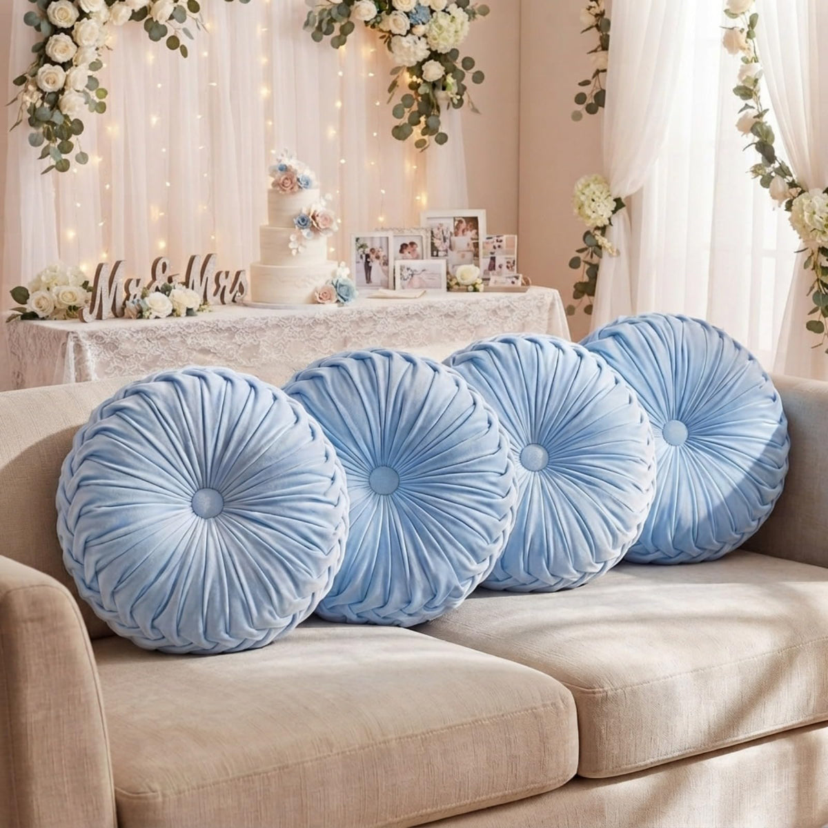 Kathfly 4 Pcs Round Throw Pillows Velvet Pleated Pillows, Vintage Colors