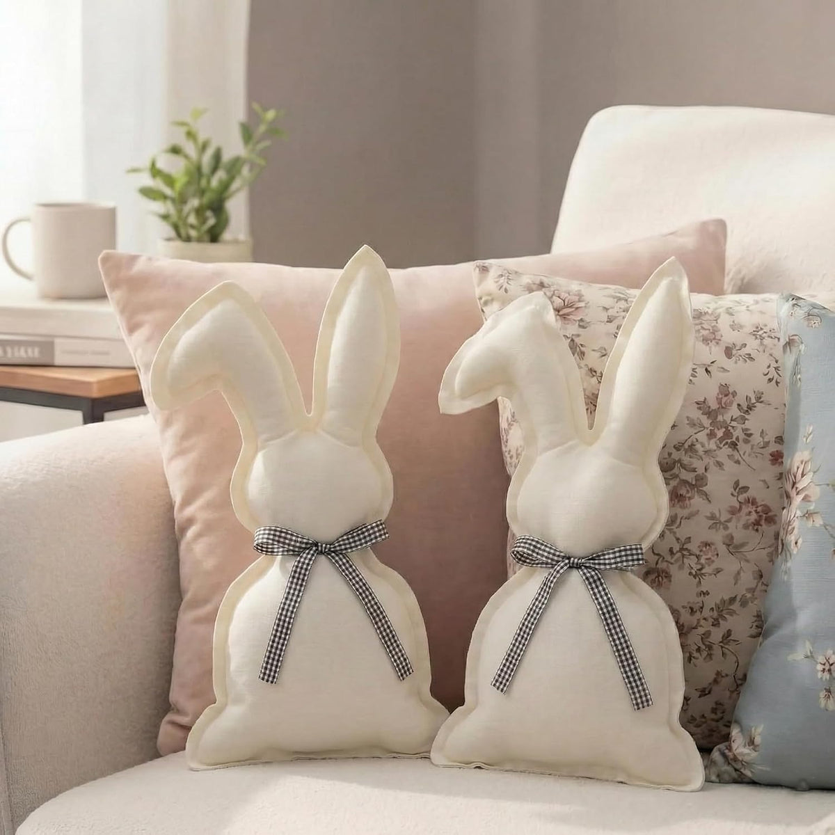 Gilprop 2 Pcs Easter Bunny Throw Pillows Cute Rabbit Shaped Cotton-Linen Decorative Pillows with Plaid Bow Tie Farmhouse Easter Home Decor for Bedroom Sofa Couch Birthday Gift Ideas (16.9x9.8 Inches)