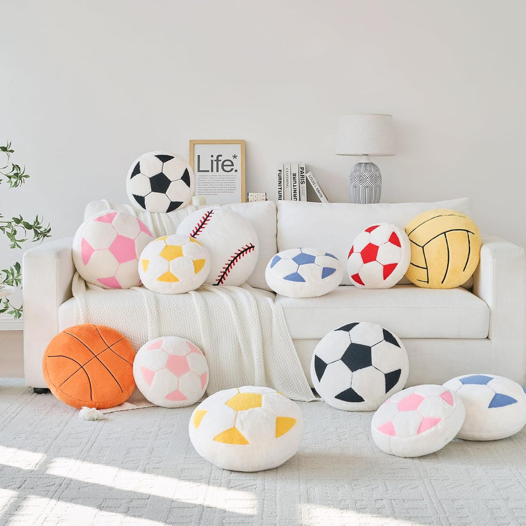 Soccer Pillow,12" Soccer Shaped Pillow Floor Cushion Seating Cushion with Faux Rabbit Fur,Round Soccer Throw Pillow Room Décor for Sofa Couch Living Room (Red)