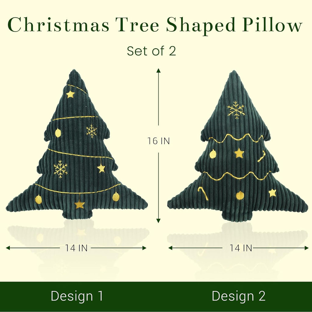 Soft Corduroy Embroidered Christmas Tree Pillows Set of 2 Green 14x16 Inch