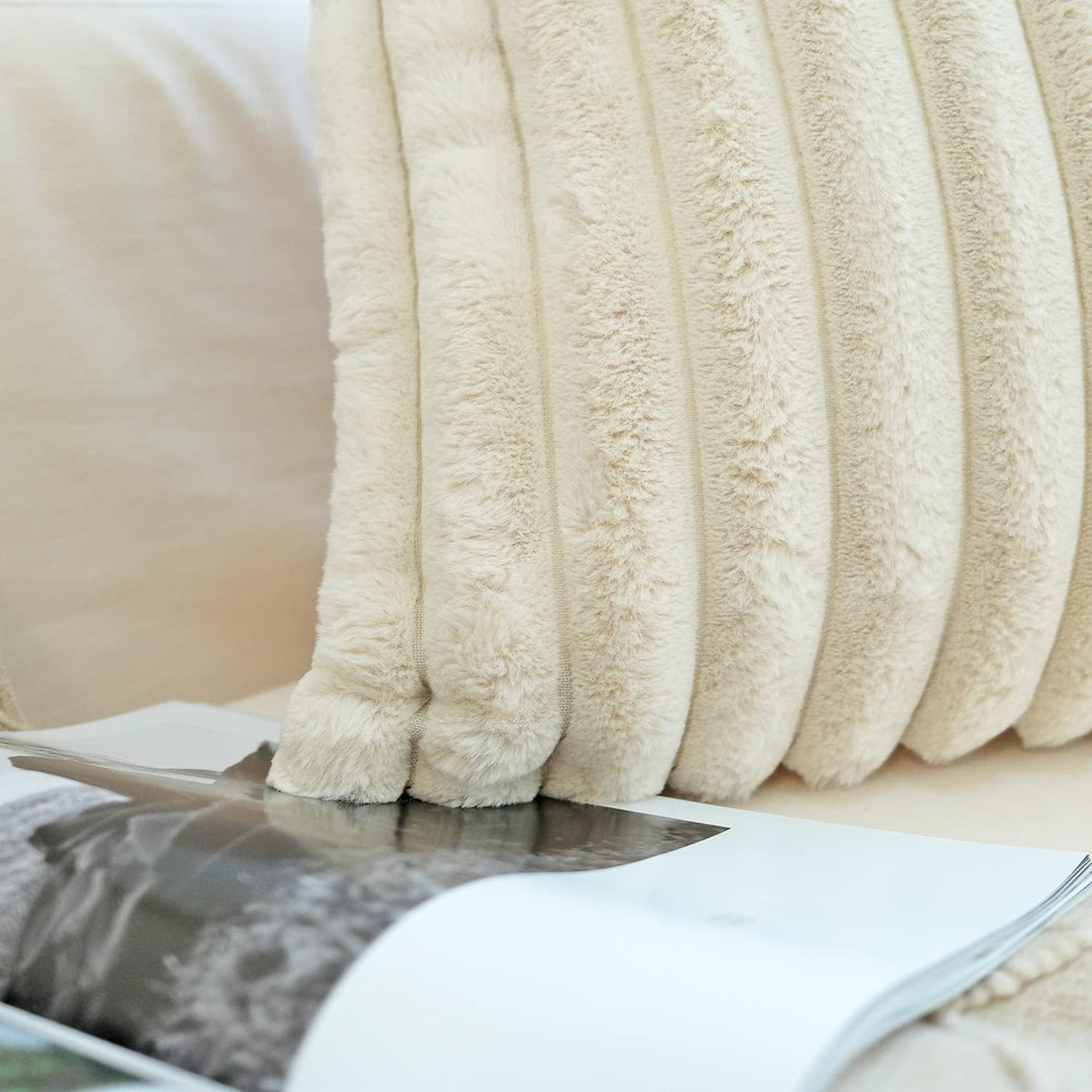 JOJUSIS Faux Fur Plush Throw Pillow Covers, Beige, 24 x 24-Inch