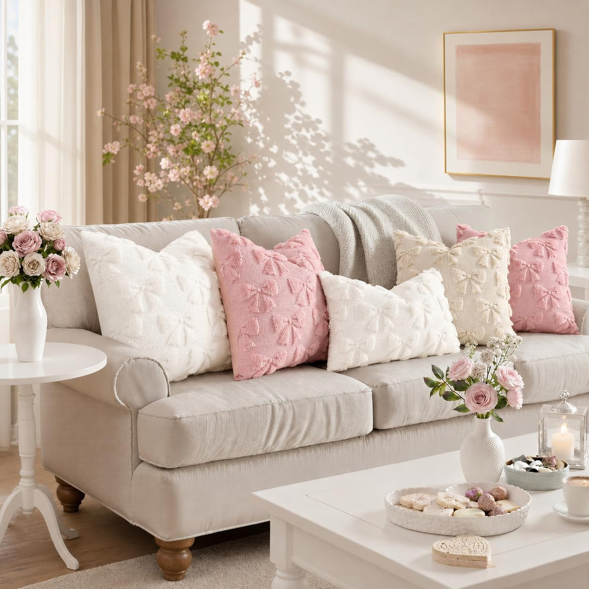 decorUhome Beige Bow Cute Girl Faux Fur Throw Pillow Covers 18x18 Set of 2