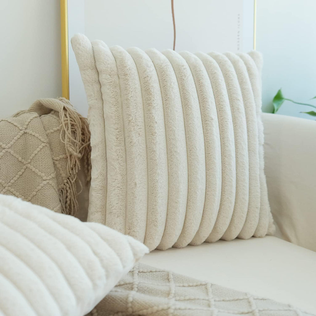 JOJUSIS Faux Fur Plush Throw Pillow Covers, Beige, 24 x 24-Inch