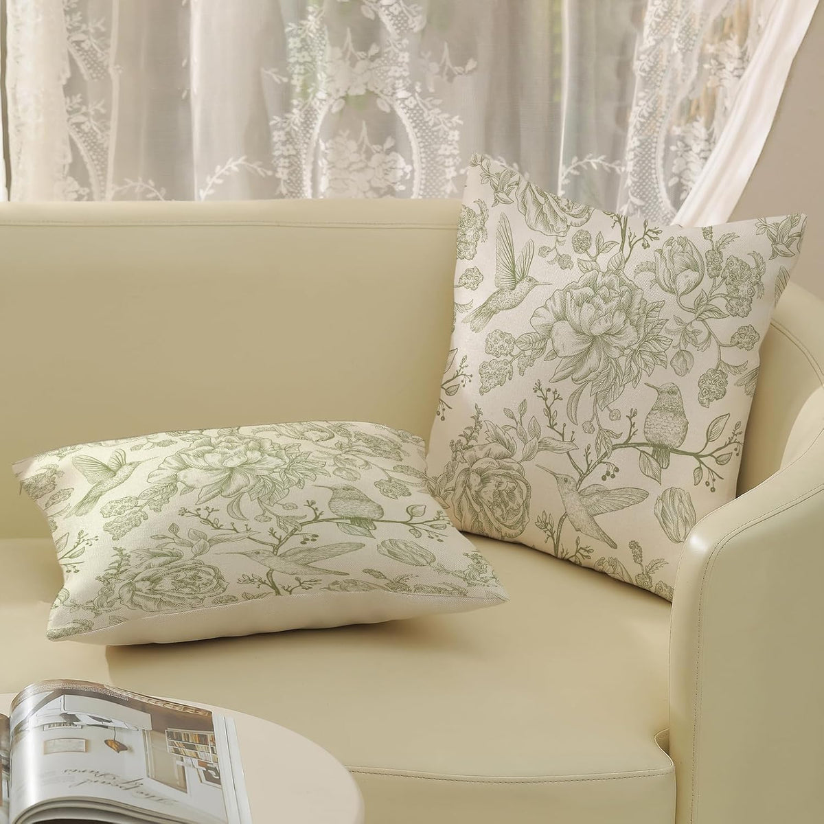 Sage Green Pillow Covers 18x18 Set of 2 Light Green Chinoiserie Bird Floral Throw Pillows Outdoor Decor Vintage Hummingbird Flower Pillow Cases Linen Decorative Cushion Cover for Couch Sofa