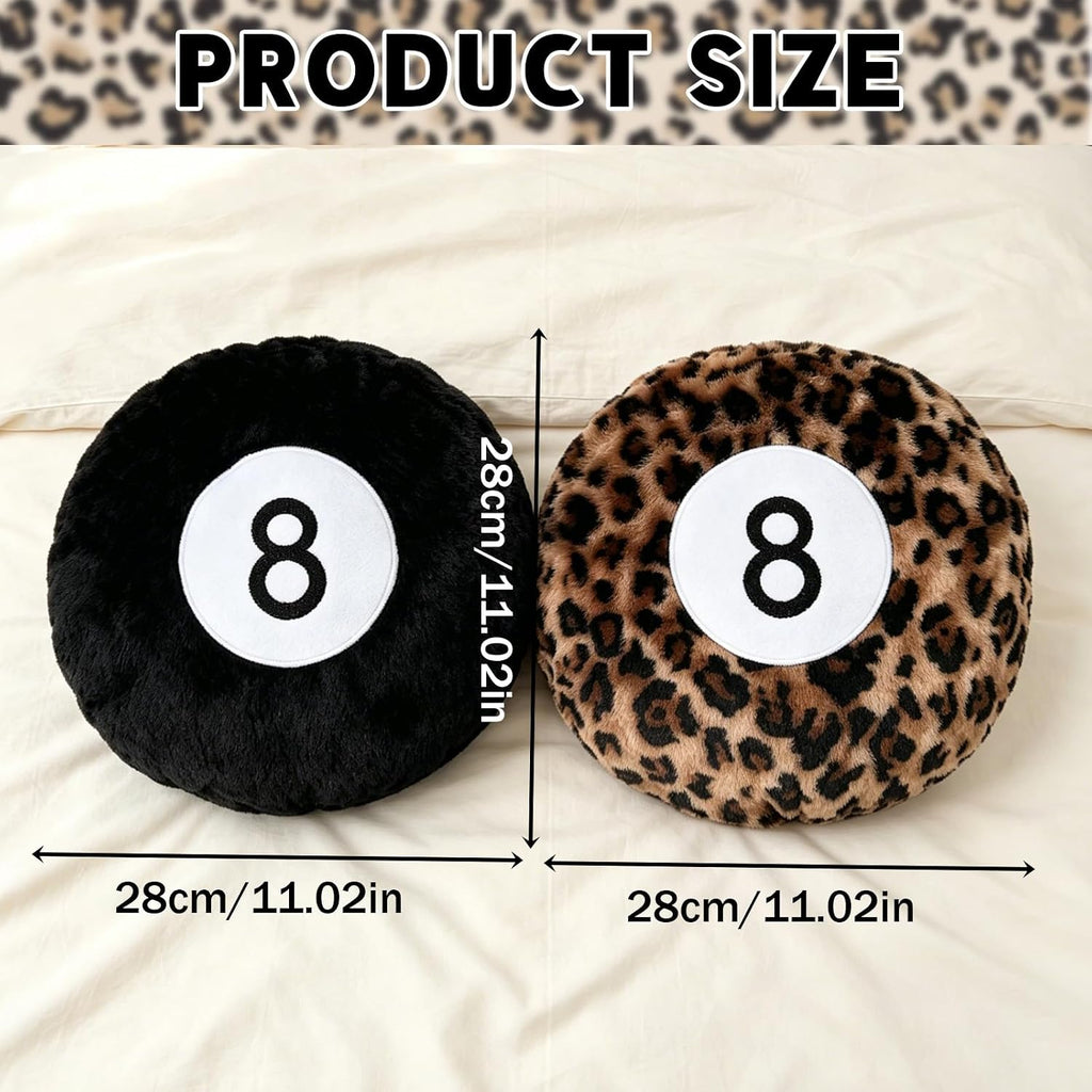 2 Packs Black and Cheetah 8 Ball Throw Pillow, Round Plush Throw Pillows, Soft Plush Surface, Round Billiard Ball Shape, Black & Leopard Print, for Dorm, Gaming Room Home Decor and Daily Back Support
