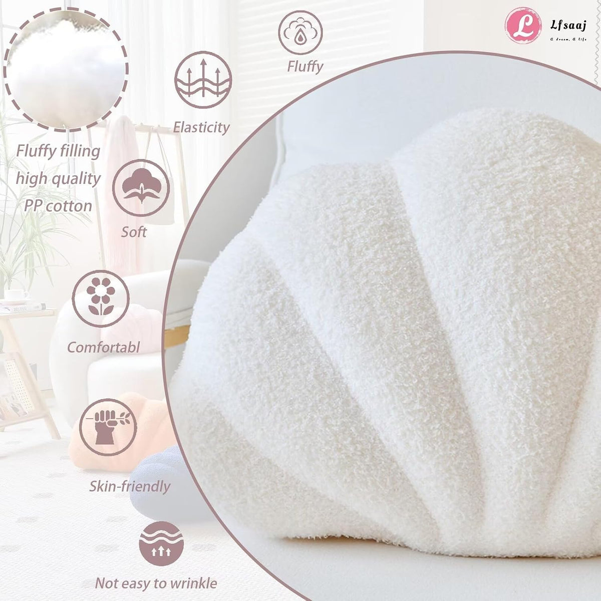 Lfsaaj Ivory Seashell Throw Pillows, Shell Shaped Throw Pillows, 13 Inch Soft Home Decorative Pillow Plush Cushion for Bed Couch Living Sofa Room Decor Accent Throw Pillow