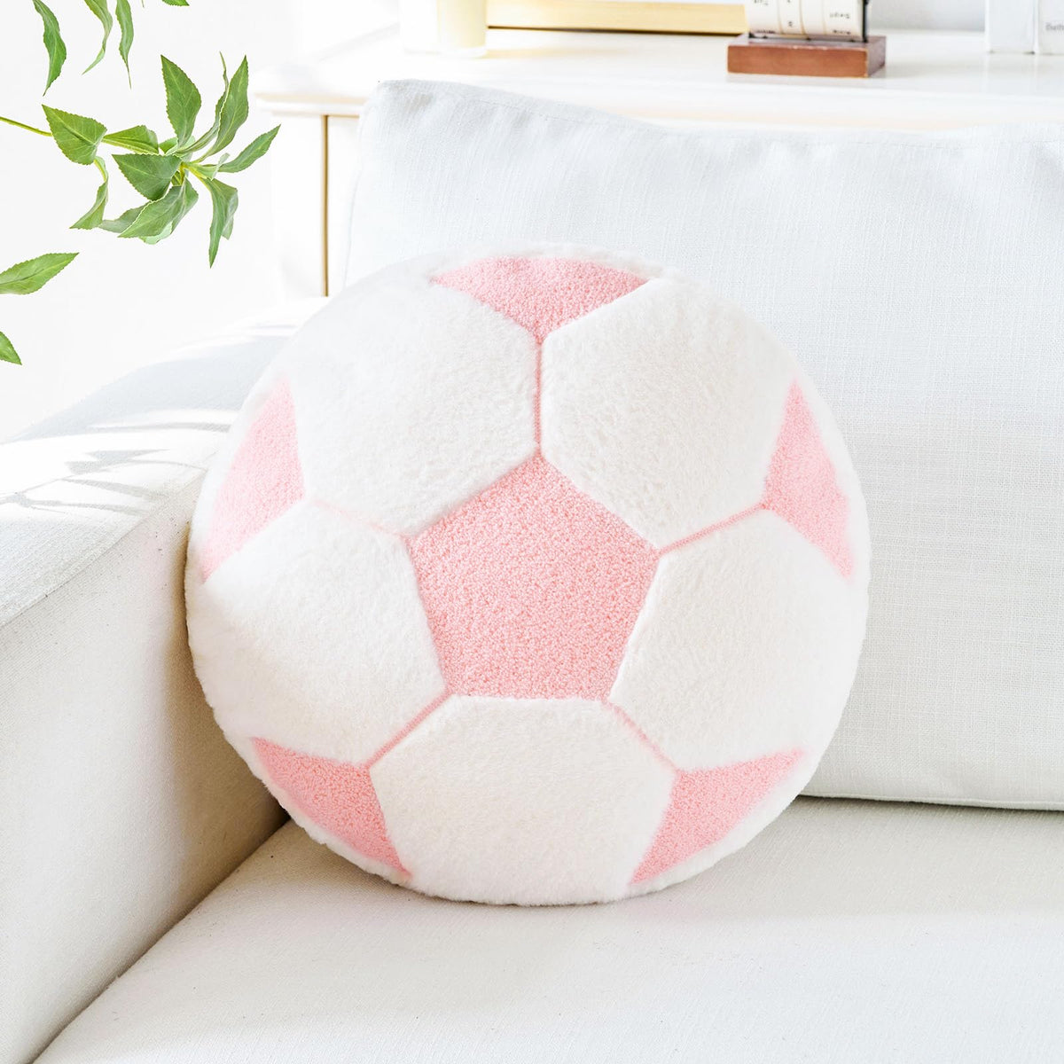 Soccer Pillow,12" Soccer Shaped Pillow Floor Cushion Seating Cushion with Faux Rabbit Fur,Round Soccer Throw Pillow Room Décor for Sofa Couch Living Room (Red)