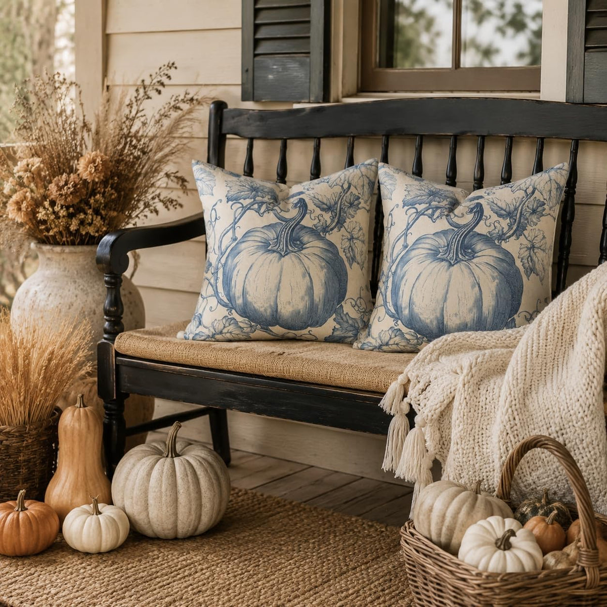 GEEORY Fall Pumpkin Throw Pillow Covers Set of 2, Navy Blue Toile 18x18