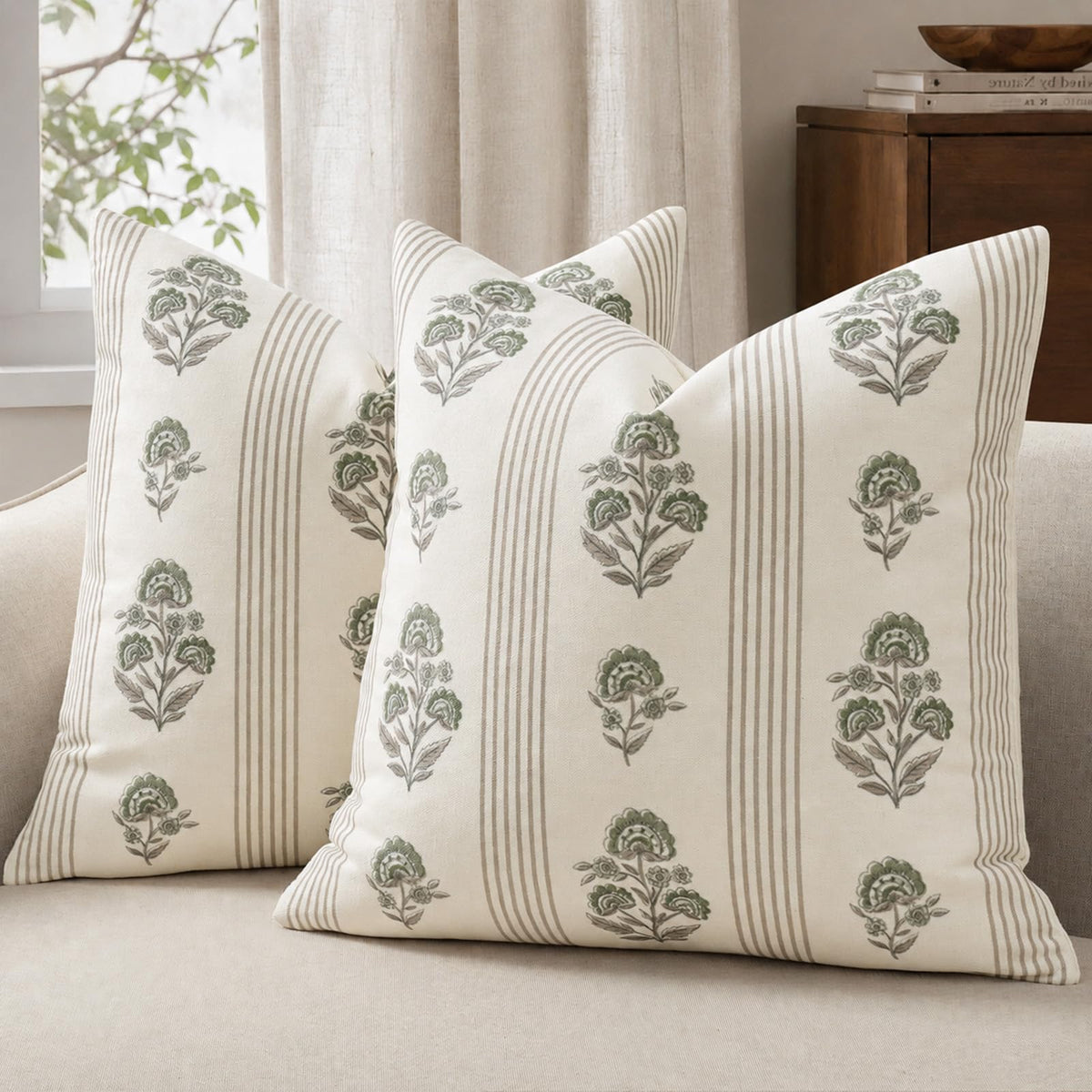 Vintage Throw Pillow Covers 20x20 Set of 2, Striped Floral Fall Pillow Cover Botanical Patterned Decorative Cushion Covers Modern Farmhouse Fall Decor for Sofa Couch Bed Living Room