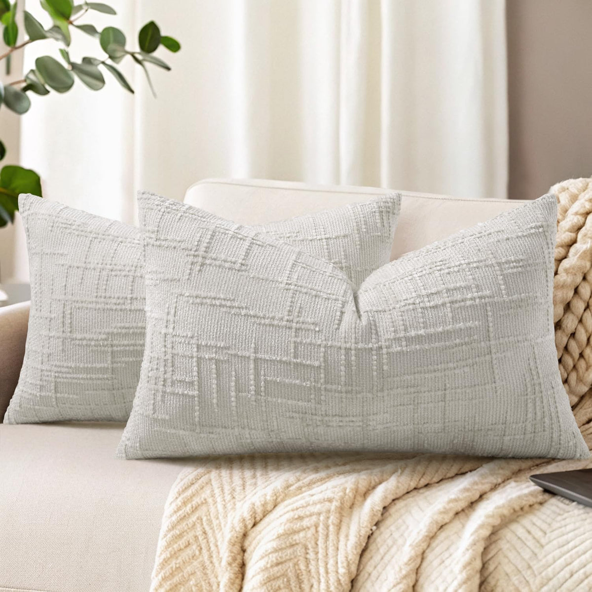 decorUhome Textured Chenille Throw Pillow Covers 18x18 Set of 2 Ivory