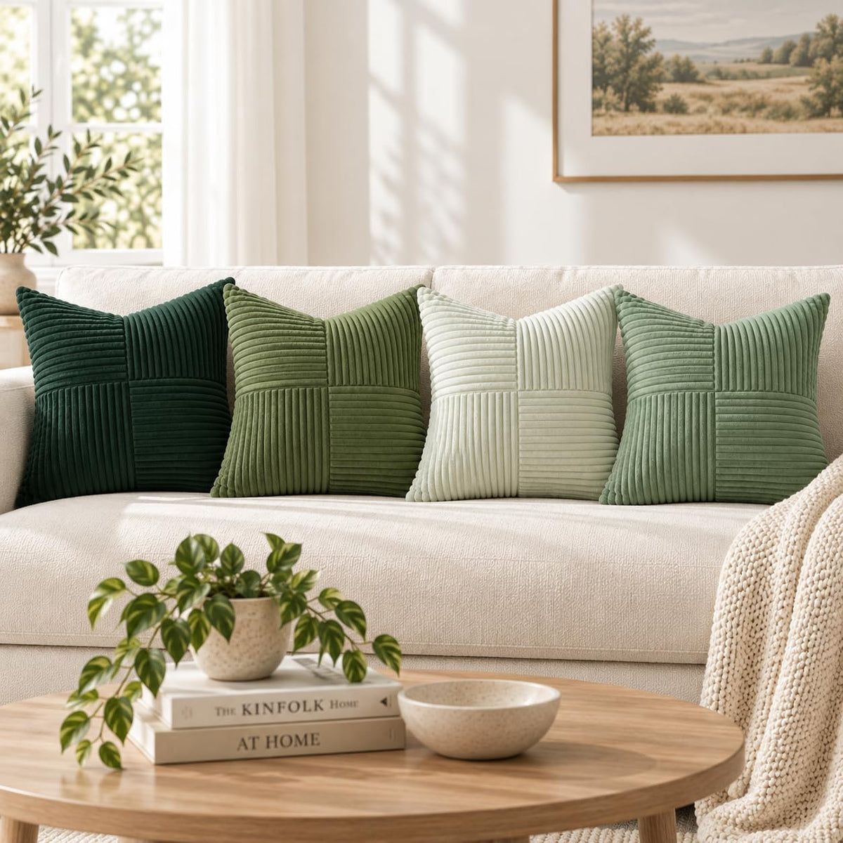 Topfinel SageGreen Throw Pillow Covers 18X18 Inch Set of 4,Boho Farmhouse Cozy Cushion Cover with Corduroy,Soft Accent Forest Green Pillow Covers for Couch,Bed,Living Room Home Decor