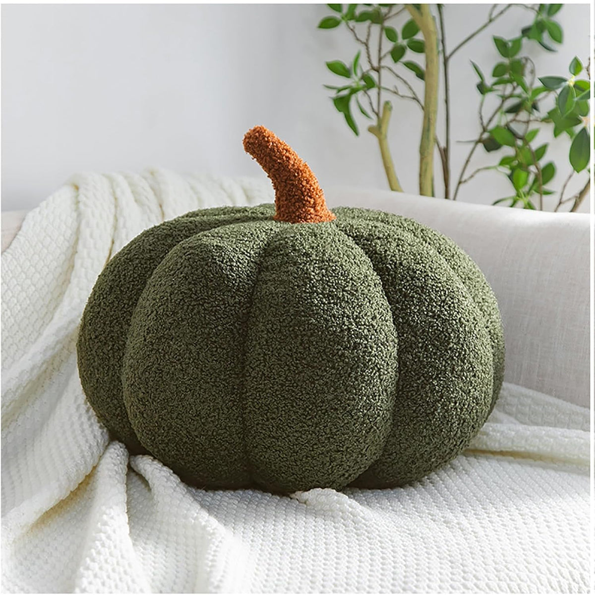 Pumpkin Pillows Fall Decor Dark Green Plush Sherpa Pumpkin Decor Pillow for Couch Bed Home Halloween Thanksgiving Party,11.02 inch