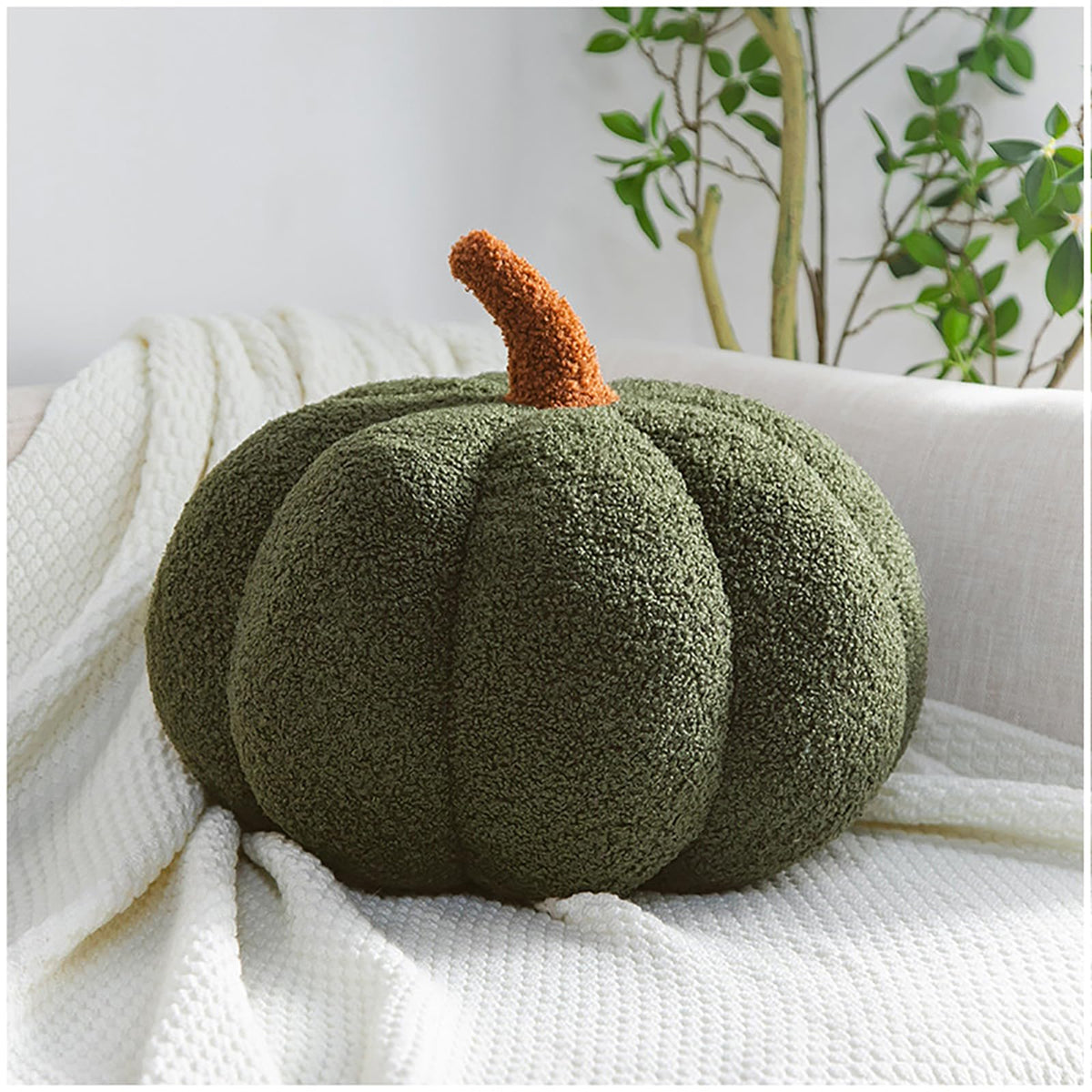 Pumpkin Pillows Fall Decor Dark Green Plush Sherpa Pumpkin Decor Pillow for Couch Bed Home Halloween Thanksgiving Party,11.02 inch