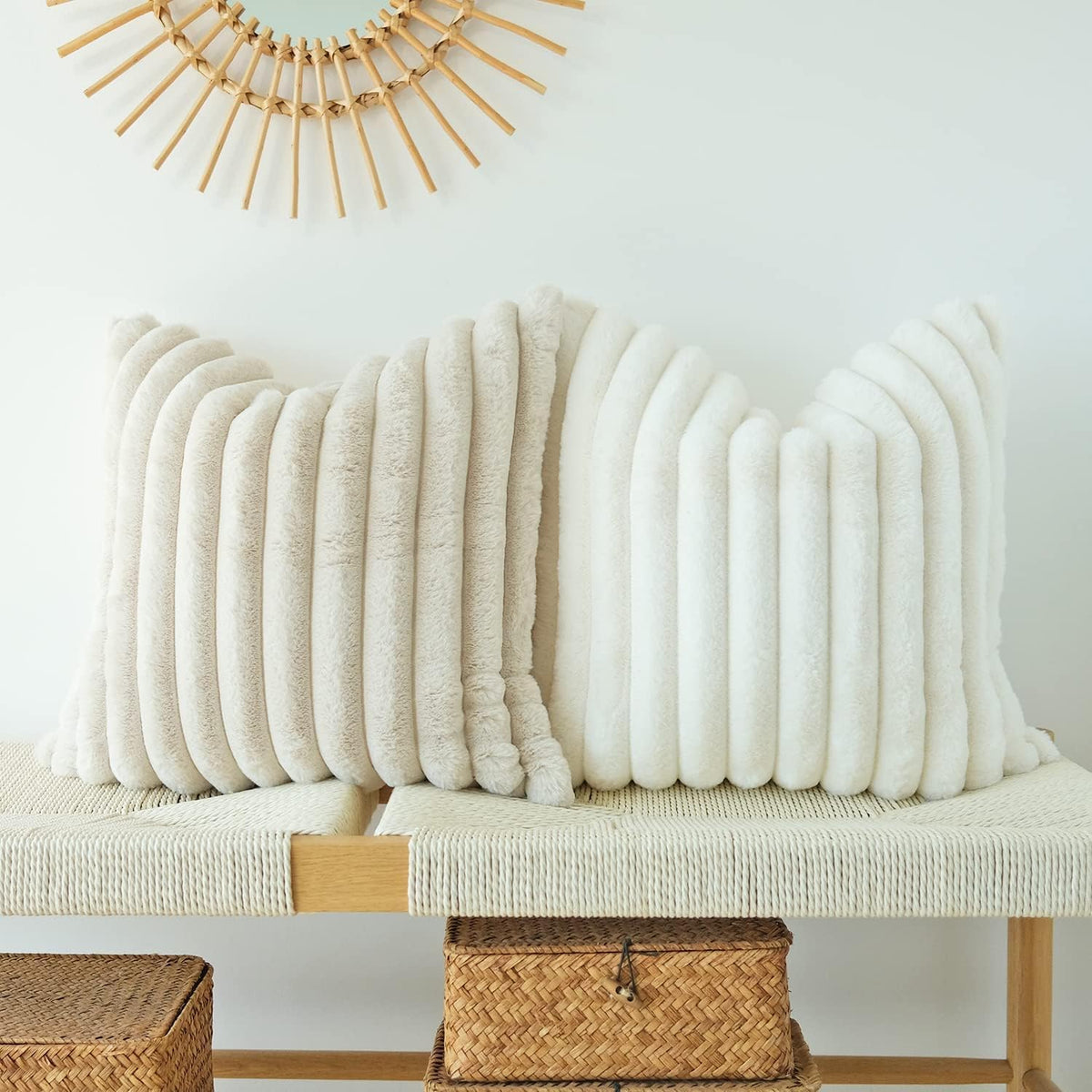 JOJUSIS Faux Fur Plush Throw Pillow Covers, Beige, 24 x 24-Inch